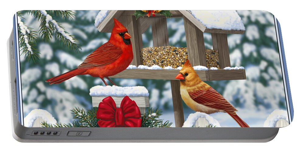 Bird Portable Battery Charger featuring the digital art Cardinals Christmas Feast by Crista Forest