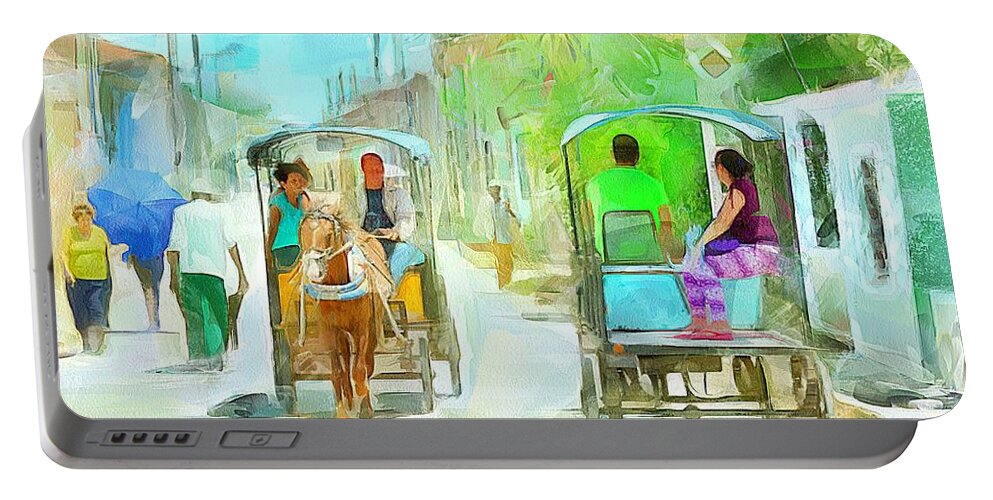 Caribbean Portable Battery Charger featuring the painting CARIBBEAN SCENES - Carriage Ride by Wayne Pascall