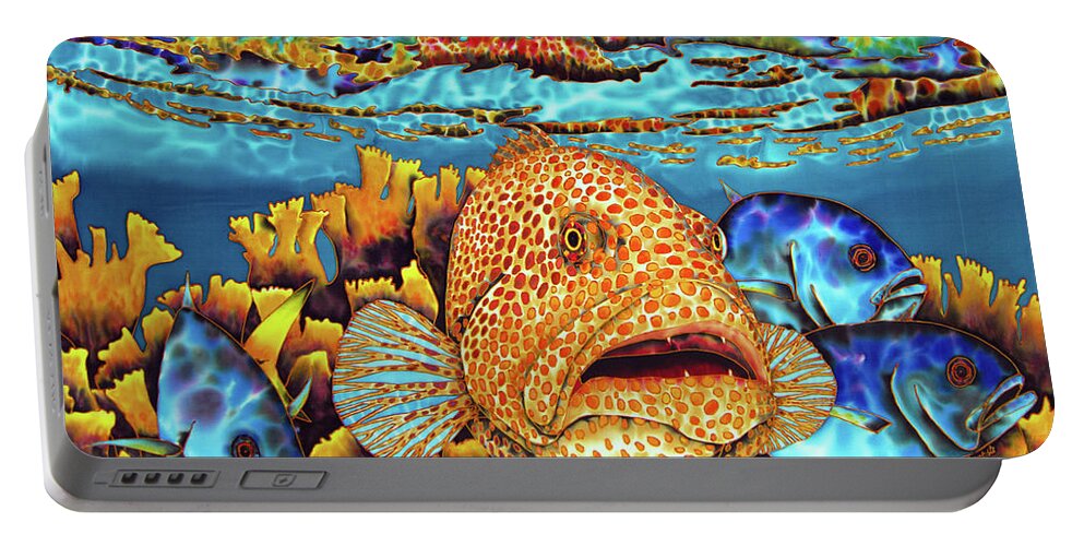 Tiger Grouper Portable Battery Charger featuring the painting Caribbean Sea - Eden by Daniel Jean-Baptiste