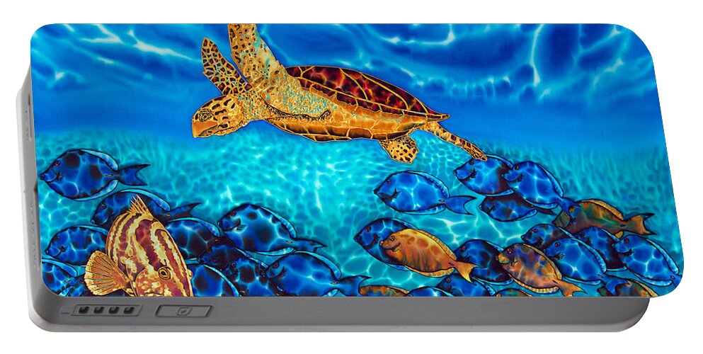 Turtle Portable Battery Charger featuring the painting Caribbean Sea Turtle and Reef Fish by Daniel Jean-Baptiste