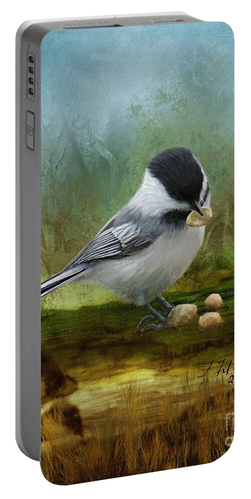 Carolina Chickadee Portable Battery Charger featuring the painting Carolina Chickadee Feeding by Judy Filarecki