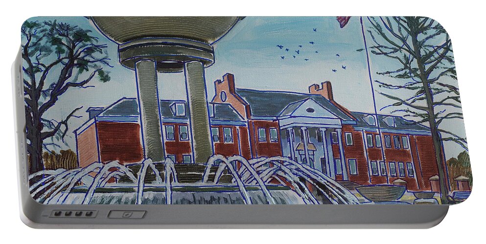 Cary Portable Battery Charger featuring the painting Cary Arts Center and Fountain by Tommy Midyette