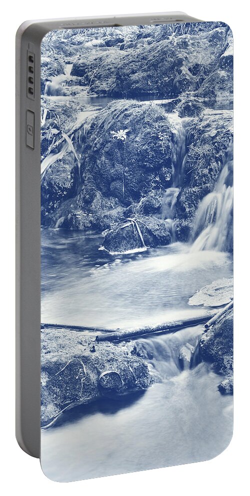 Cyanotype Portable Battery Charger featuring the photograph Cascades and bamboos zen creek scenery. Cyanotype Digital Art by Angelo DeVal