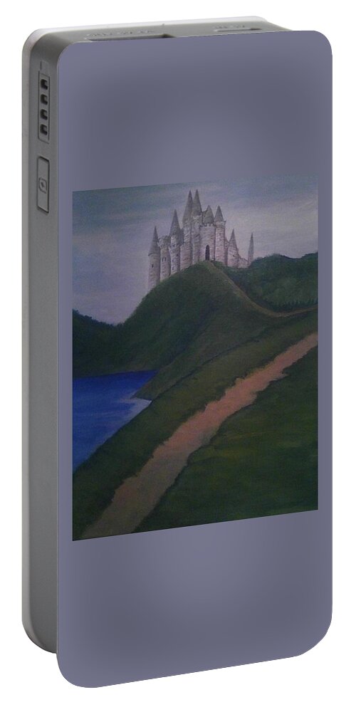 #crylicpaintingsforsale #acrylicpaintings #artforsale #originalartforsale #acrylicart #castlepaintings #fineartamerica.com @sugarplumtheband Portable Battery Charger featuring the painting Castle on the Hill by Cynthia Silverman