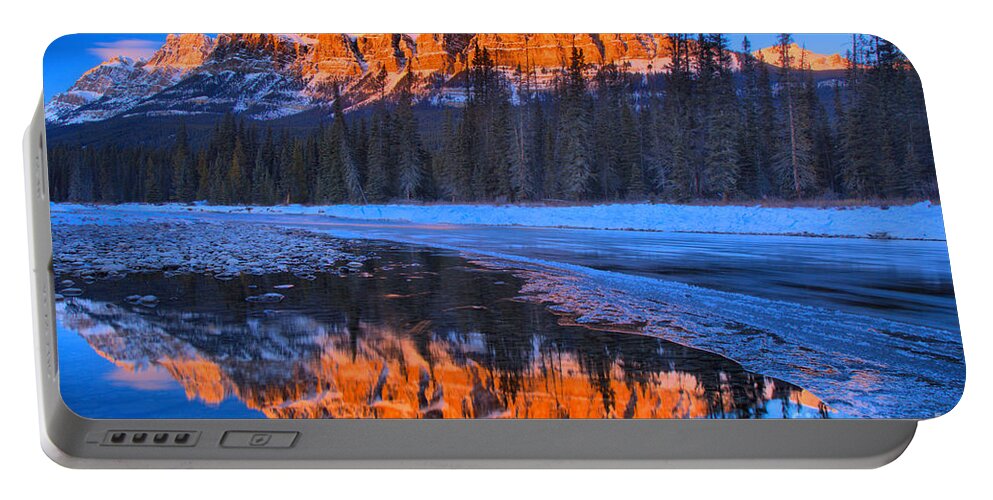 Castle Mountain Portable Battery Charger featuring the photograph Castle Mountain Sunset Reflections by Adam Jewell