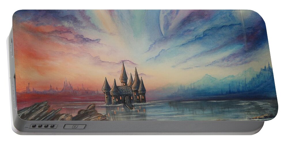 Castle Portable Battery Charger featuring the painting Castle On A Lake by Krystyna Spink