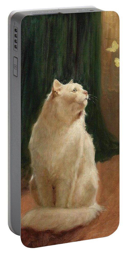Arthur Heyer (1872-1931) Portable Battery Charger featuring the painting Cat And Butterflies by Arthur Heyer