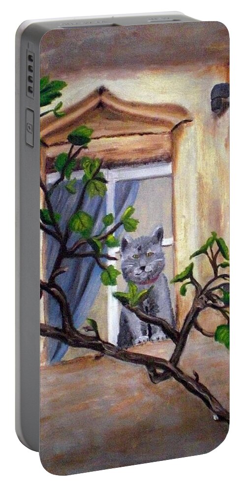 Cat Portable Battery Charger featuring the painting Cat in French Window by Nancy Sisco