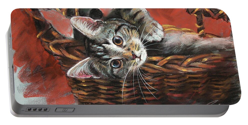 Cat Portable Battery Charger featuring the pastel Cat in the basket by Ylli Haruni