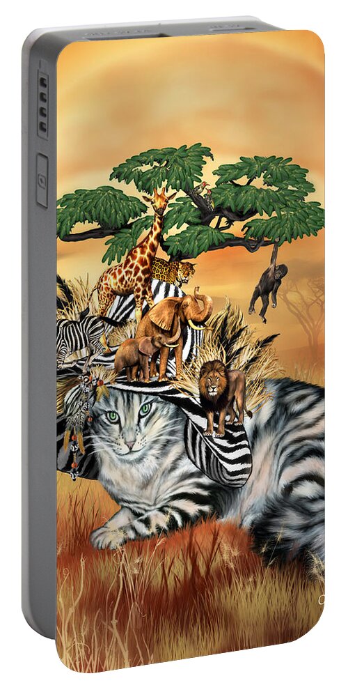 Cat Art Portable Battery Charger featuring the mixed media Cat In The Safari Hat by Carol Cavalaris