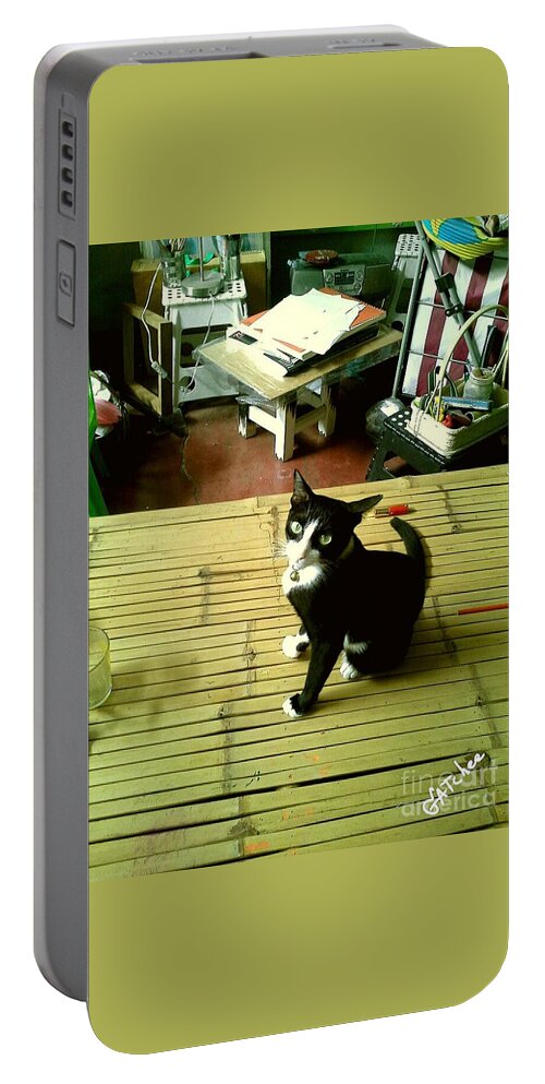 Cat Portable Battery Charger featuring the photograph Cat on A Bamboo Litter by Sukalya Chearanantana