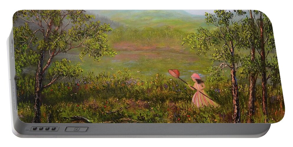 Girl Portable Battery Charger featuring the painting Catching Butterflys by Michael Mrozik