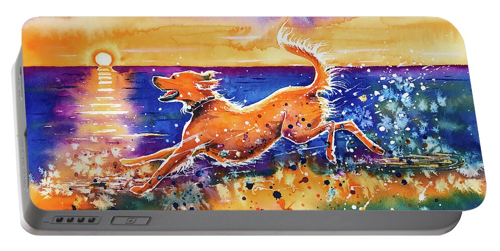 Golden Retriever Portable Battery Charger featuring the painting Catching the Sun by Zaira Dzhaubaeva