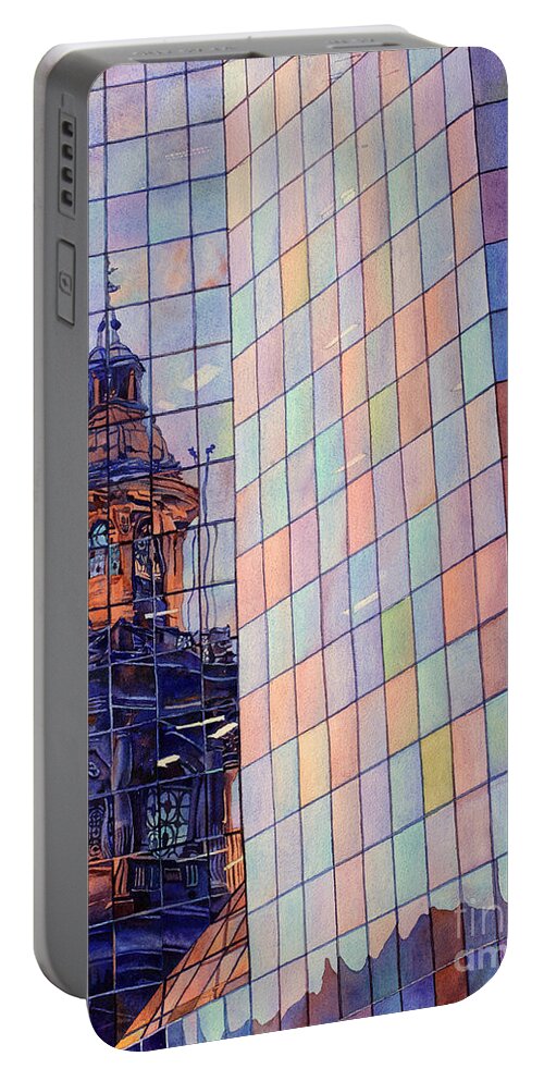 16th Century Portable Battery Charger featuring the painting Cathedral Reflection Santiago by Ryan Fox