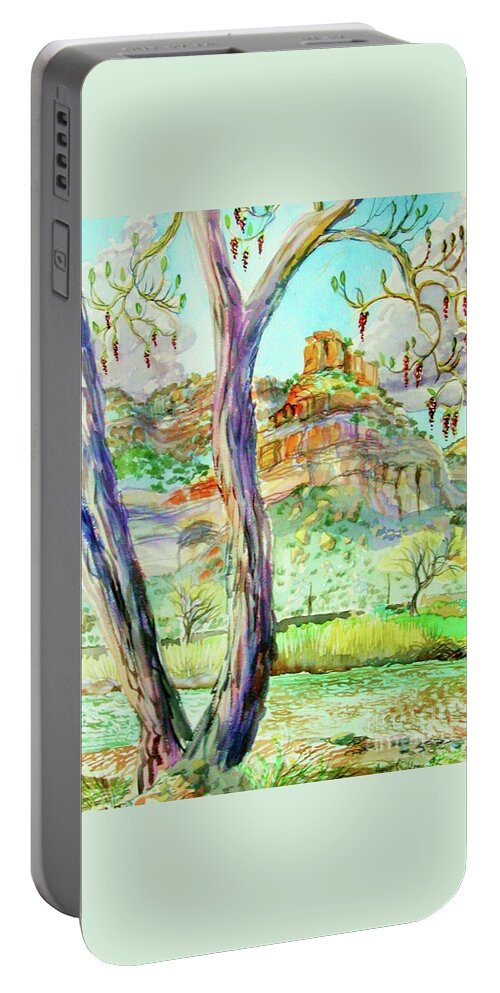 Plein Air Watercolor Of Catkins On Cottonwood Tree Close To The Colorado River Portable Battery Charger featuring the digital art Catkins in the spring by Annie Gibbons