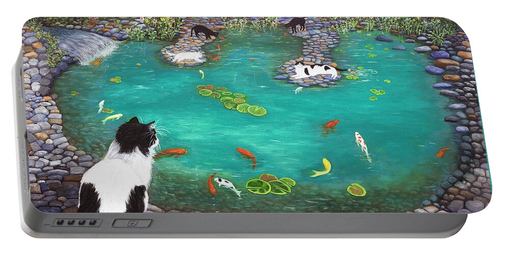 Karen Zuk Rosenblatt Portable Battery Charger featuring the painting Cats and Koi by Karen Zuk Rosenblatt