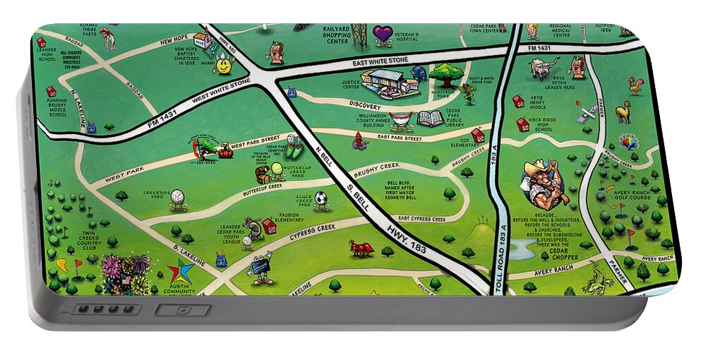 Cedar Park Portable Battery Charger featuring the digital art Cedar Park Texas Cartoon Map by Kevin Middleton