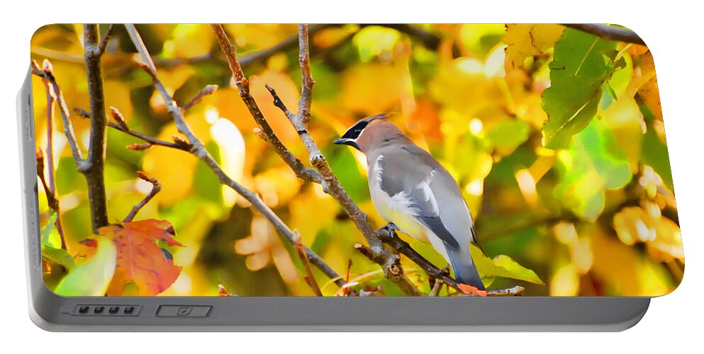 Cedar Waxwing Portable Battery Charger featuring the photograph Cedar Waxwing in Autumn Leaves by Kerri Farley