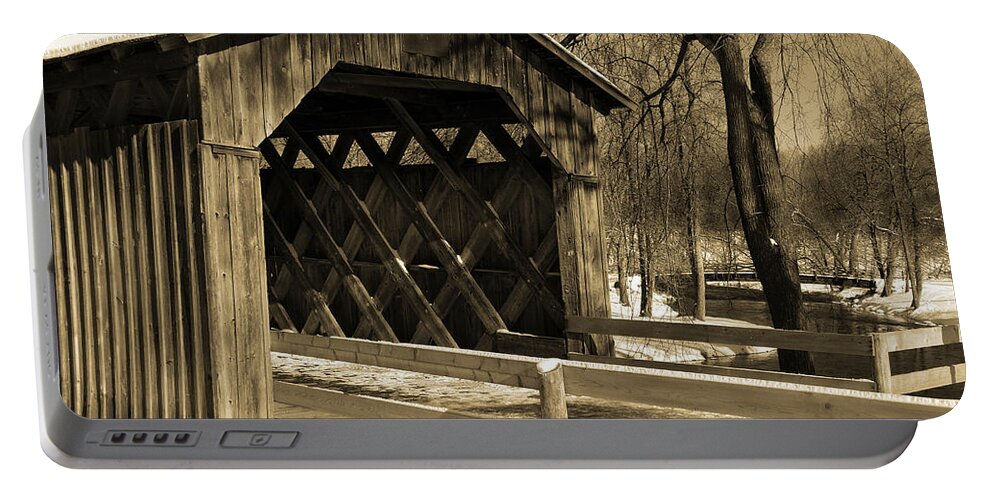 Covered Bridge Portable Battery Charger featuring the photograph Cedarburg Covered Bridge in Winter Sepia by David T Wilkinson