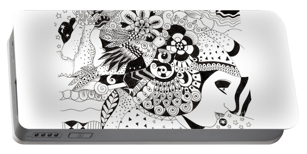 Black And White Ink Drawing Portable Battery Charger featuring the drawing Ceilings and Floors 1 by Helena Tiainen