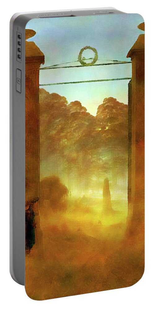 Landscape Portable Battery Charger featuring the painting Cemetary at Dusk by Media Impasto Paper