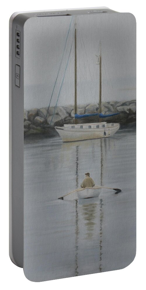Fishing Boat; Fisherman; Harbor; Cape Cod; Stone Wall; Serenity; Contemplation; Water Portable Battery Charger featuring the painting Centering Prayer by Marg Wolf