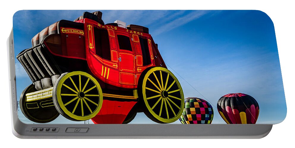 Albuquerque Portable Battery Charger featuring the photograph Cent'r Stage - The Wells Fargo Stagecoach Hot Air Balloon by Ron Pate