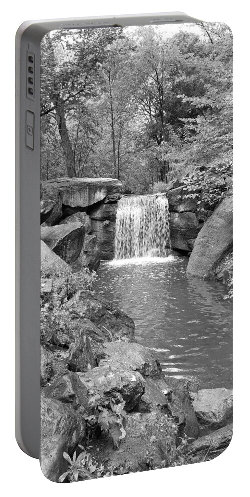 Art Portable Battery Charger featuring the photograph Central Park Waterfall 2 B W by Rob Hans