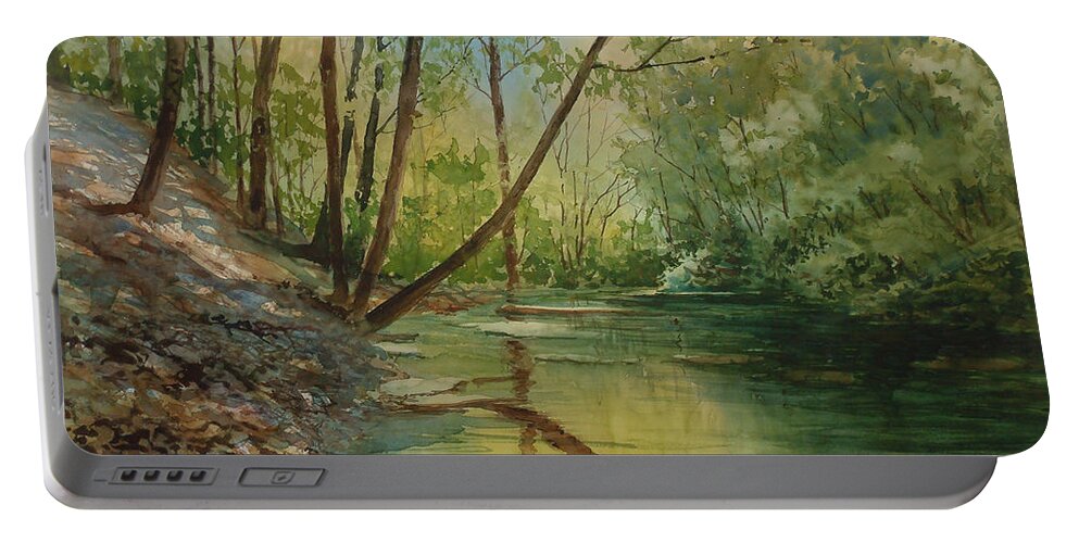 Chagrin Falls Portable Battery Charger featuring the painting Chagrin River in Spring by Maryann Boysen