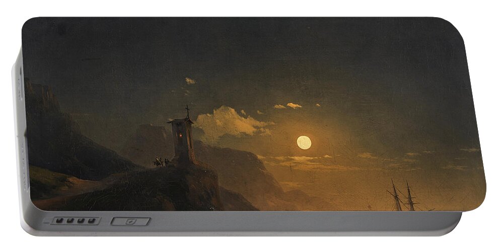 Ivan Konstantinovich Aivazovsky Portable Battery Charger featuring the painting Chapel by the coast on a moonlit night by Ivan Konstantinovich Aivazovsky