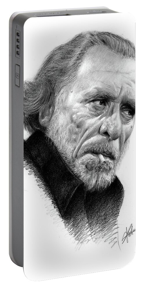Charles Bukowski Portable Battery Charger featuring the drawing Charles Bukowski 1 by Christian Klute
