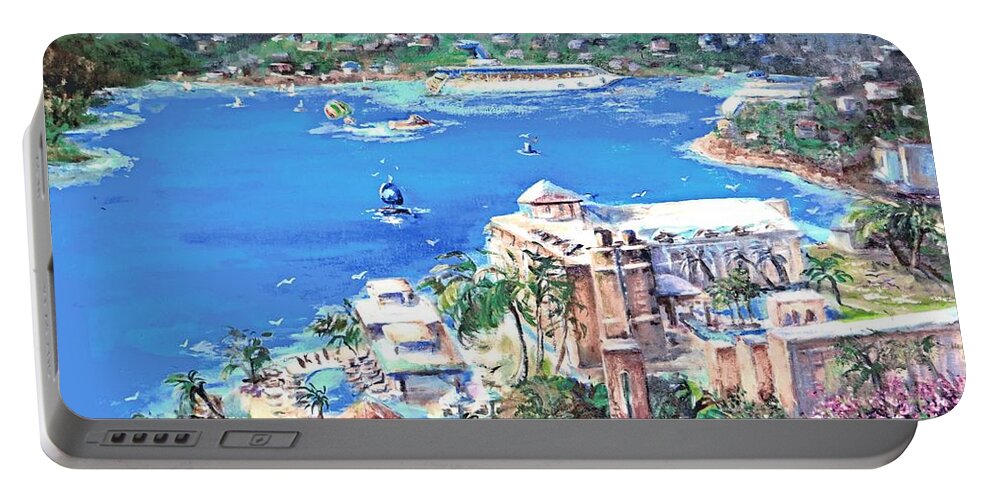 Charlotte Amalie Portable Battery Charger featuring the painting Charlotte Amalie Marriott Frenchmans Beach Resort St. Thomas US Virgin Island Aerial by Bernadette Krupa