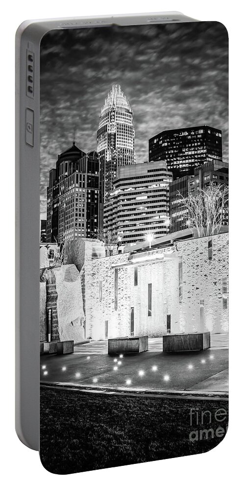 America Portable Battery Charger featuring the photograph Charlotte Cityscape at Night Black and White Photo by Paul Velgos
