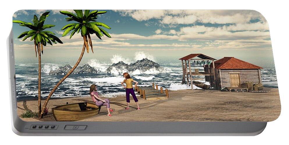 Charming Beach Scene Portable Battery Charger featuring the digital art Charming Beach Scene by John Junek