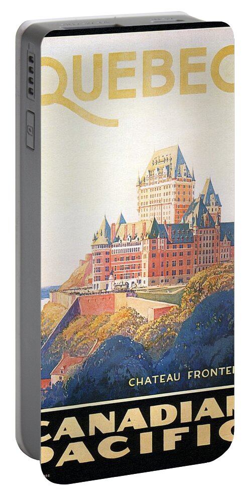 Quebec Canada Portable Battery Charger featuring the painting Chateau Frontenac Luxury Hotel in Quebec, Canada - Vintage Travel Advertising Poster by Studio Grafiikka