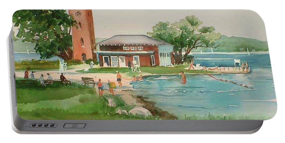 Chautauqua Institution Portable Battery Charger featuring the painting Chautauqua Bell Tower and Beach by Maryann Boysen