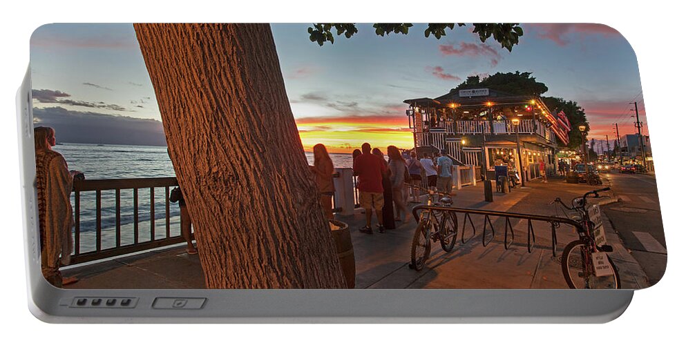 Maui Hawaii Lahaina Front Street Sunset Ocean City Lights Portable Battery Charger featuring the photograph Cheeseburger In Paradise by James Roemmling