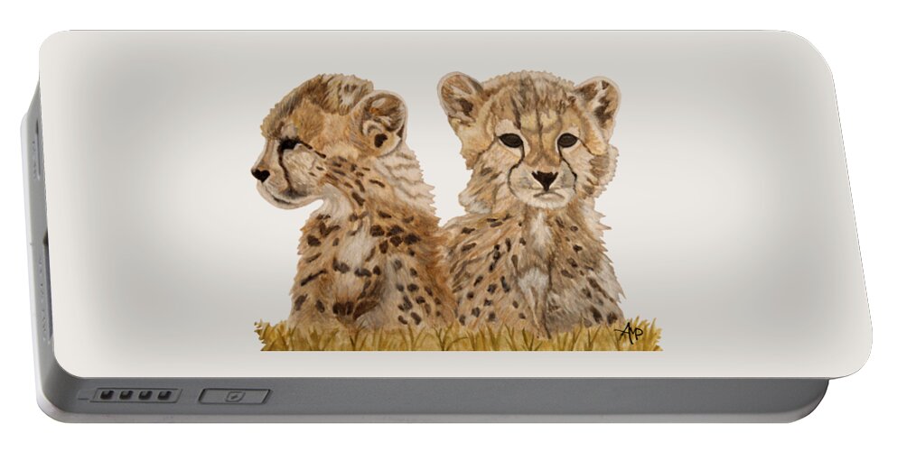 Cheetah Portable Battery Charger featuring the painting Cheetah Cubs by Angeles M Pomata