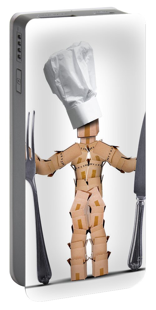 Kitchen Portable Battery Charger featuring the digital art Chef box man Character with cutlery by Simon Bratt