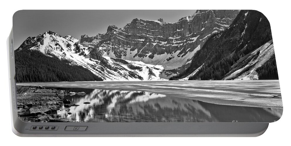Chephren Lake Portable Battery Charger featuring the photograph Chehren Lake Reflections Black And White by Adam Jewell