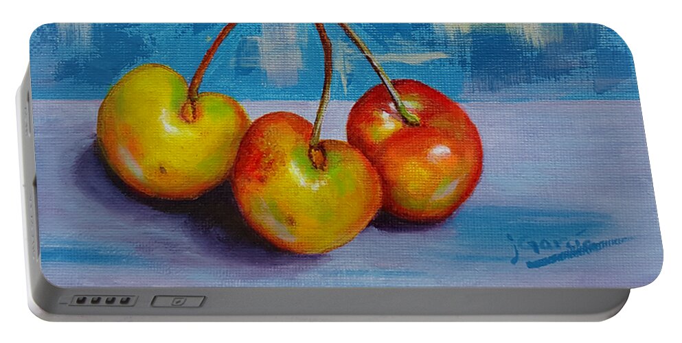 Cherries Portable Battery Charger featuring the painting Cherries Trio by Janet Garcia