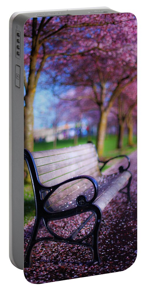 Spring Portable Battery Charger featuring the photograph Cherry Blossom Bench by Darren White