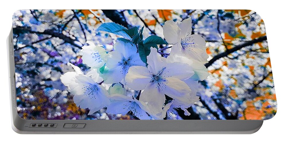 Fantasy Portable Battery Charger featuring the photograph Cherry Blossom Splash In Blue Dream by Rowena Tutty