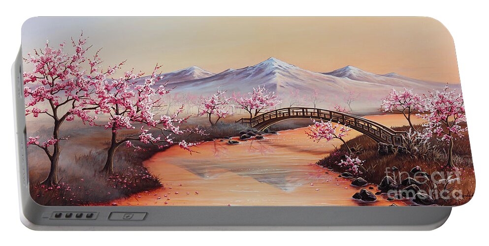 Landscape Portable Battery Charger featuring the painting Cherry Blossoms in the Mist - Revisited by Joe Mandrick