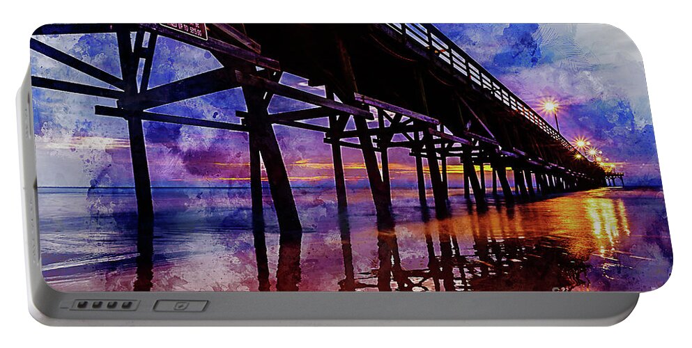 Cherry Grove Portable Battery Charger featuring the digital art Cherry Grove Pier Sunrise Watercolor by David Smith