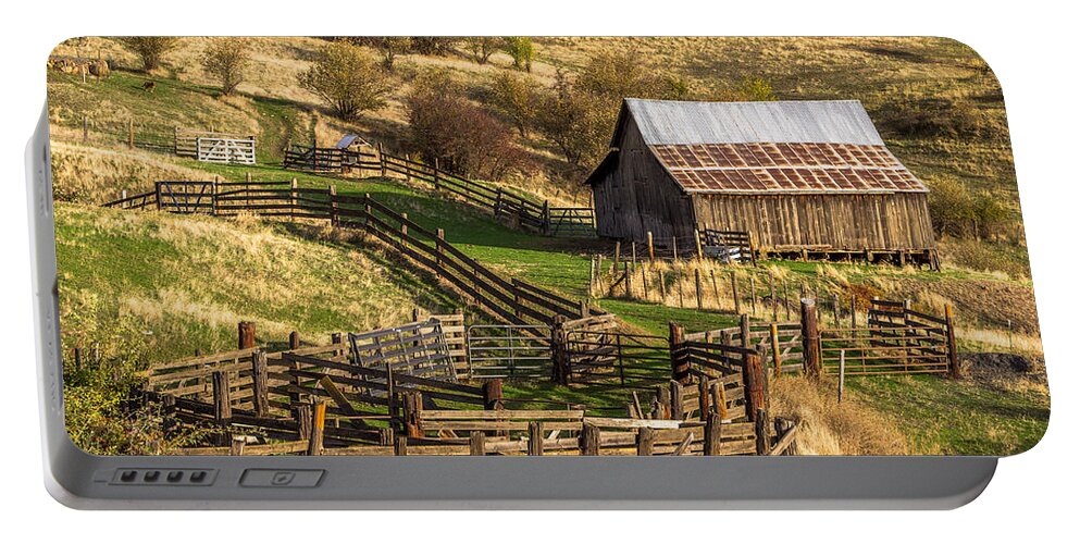 Old Barn Farm Fence Cherrylane Wilderness Idaho Interesting Crooked Portable Battery Charger featuring the photograph Cherrylane Barn by Brad Stinson