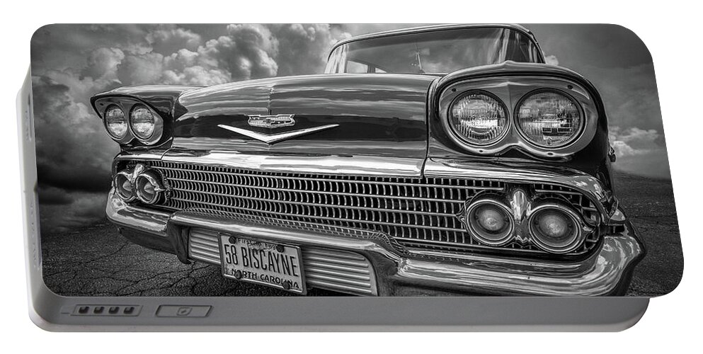 '58 Portable Battery Charger featuring the photograph Chevrolet Biscayne 1958 in Black and White by Debra and Dave Vanderlaan
