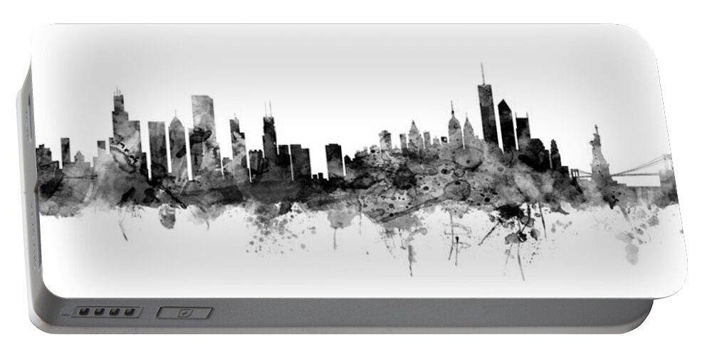 United States Portable Battery Charger featuring the digital art Chicago and New York City Skylines Mashup by Michael Tompsett