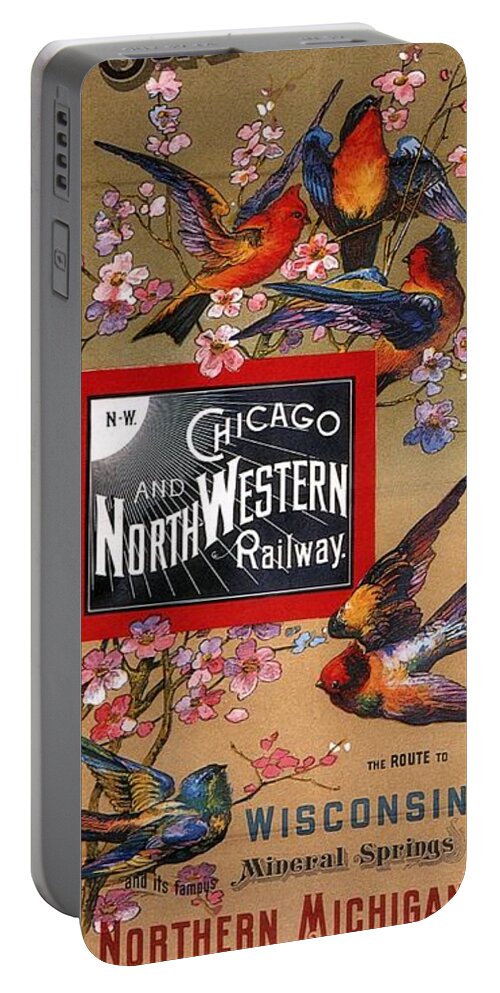 Chicago Portable Battery Charger featuring the mixed media Chicago and Northwestern Railway - Tthe Enchanted Summer Land - Retro travel Poster - Vintage Poster by Studio Grafiikka