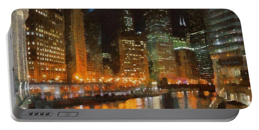 Chicago Portable Battery Charger featuring the painting Chicago at Night by Jeffrey Kolker